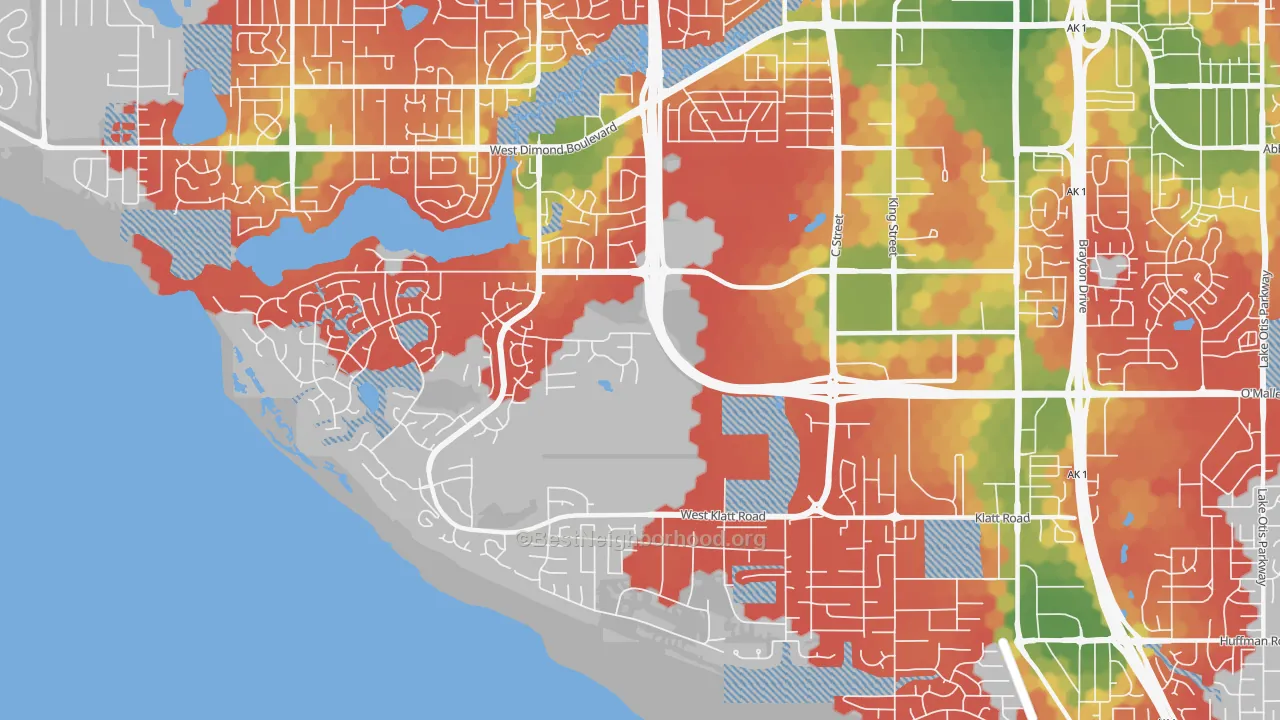 Walk Grade map of Bayshore-Klatt, Anchorage, AK, walkable areas in green and car-dependent areas in red