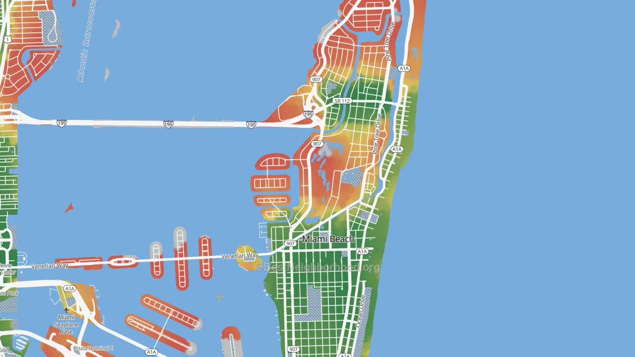 Walk Grade map of Bayshore, Miami Beach, FL, walkable areas in green and car-dependent areas in red