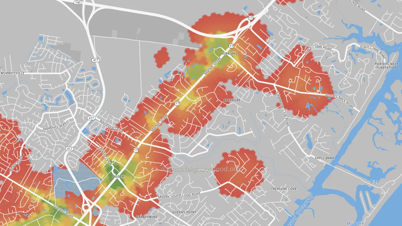 Walk Grade map of Bayshore, Wilmington, NC, walkable areas in green and car-dependent areas in red