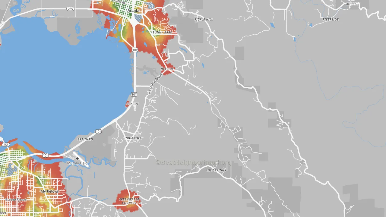 Walk Grade map of Bayside, CA, walkable areas in green and car-dependent areas in red