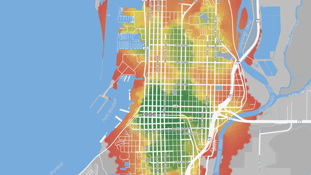 Walk Grade map of Bayside, Everett, WA, walkable areas in green and car-dependent areas in red