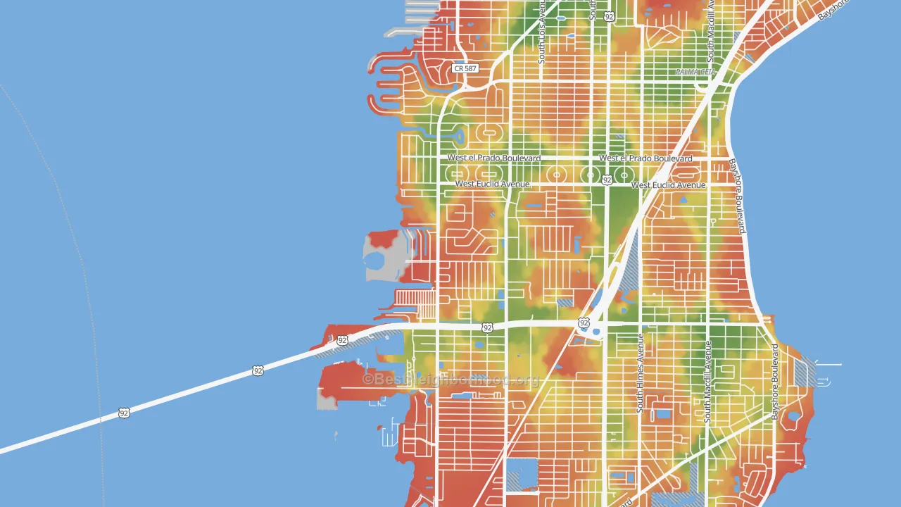 Walk Grade map of Bayside West, Tampa, FL, walkable areas in green and car-dependent areas in red