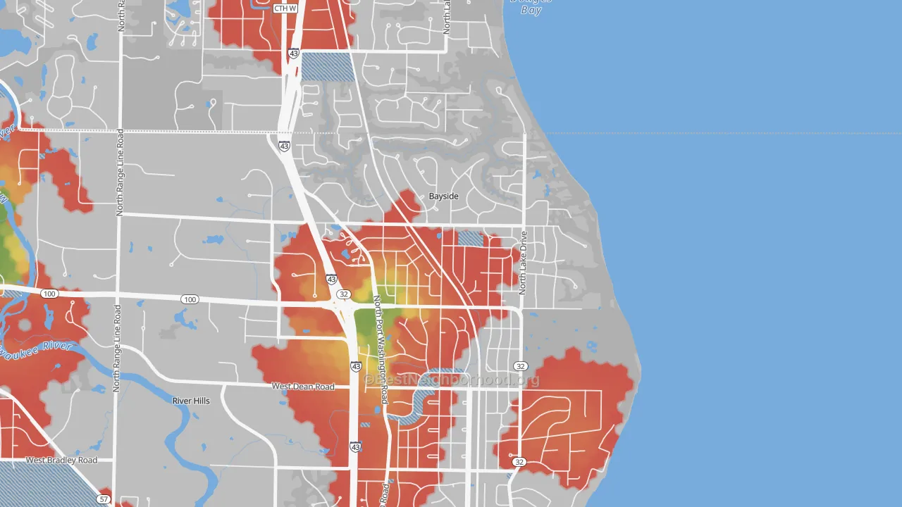 Walk Grade map of Bayside, WI, walkable areas in green and car-dependent areas in red