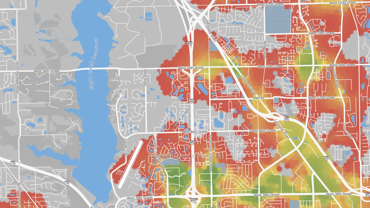Walk Grade map of Bayswater, Indianapolis, IN, walkable areas in green and car-dependent areas in red