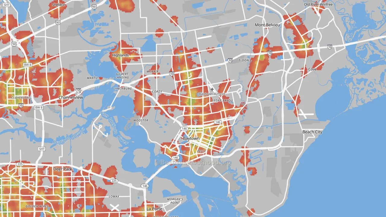 Walk Grade map of Baytown, TX, walkable areas in green and car-dependent areas in red
