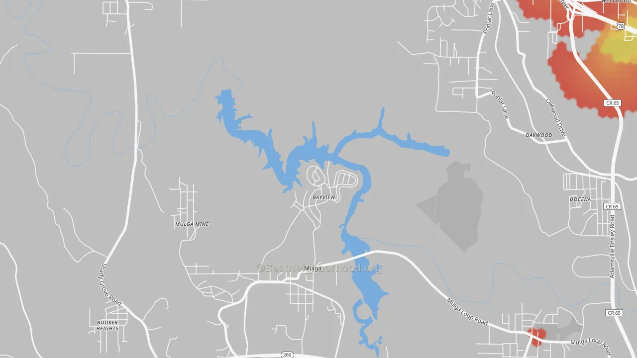 Walk Grade map of Bayview, AL, walkable areas in green and car-dependent areas in red