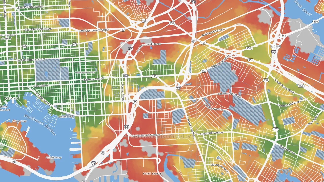 Walk Grade map of Bayview Area, Baltimore, MD, walkable areas in green and car-dependent areas in red