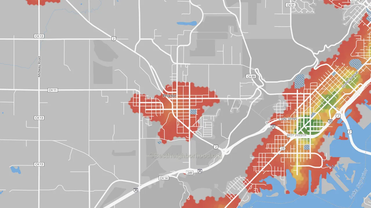 Walk Grade map of Bayview Heights, Proctor, MN, walkable areas in green and car-dependent areas in red