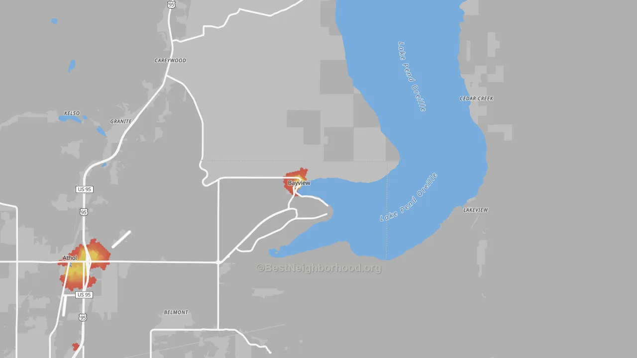 Walk Grade map of Bayview, ID, walkable areas in green and car-dependent areas in red