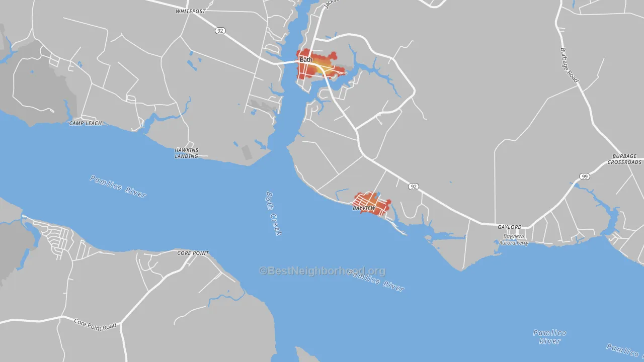 Walk Grade map of Bayview, NC, walkable areas in green and car-dependent areas in red