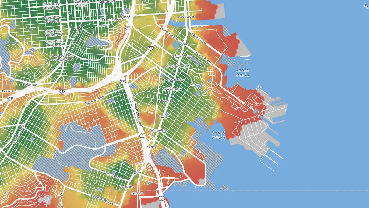 Walk Grade map of Bayview, San Francisco, CA, walkable areas in green and car-dependent areas in red