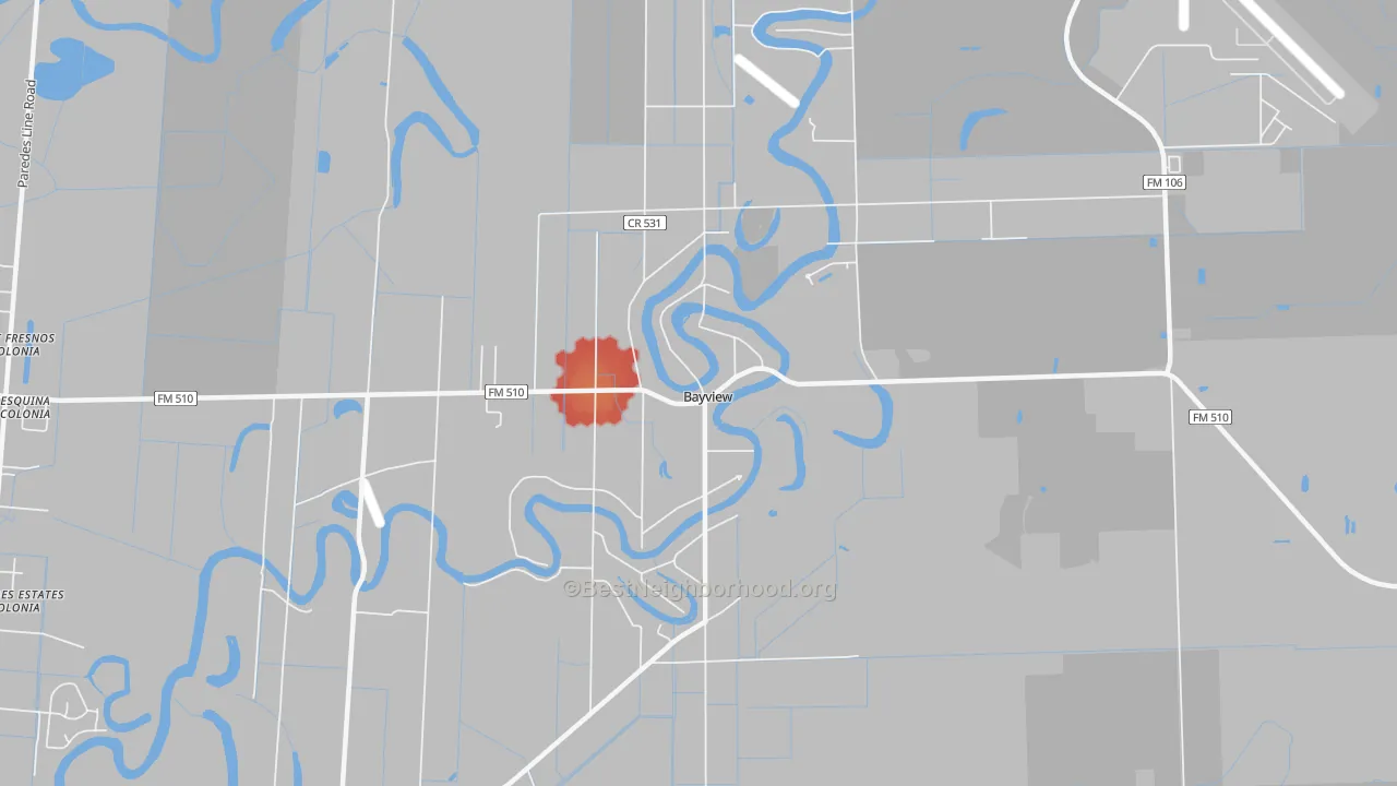 Walk Grade map of Bayview, TX, walkable areas in green and car-dependent areas in red