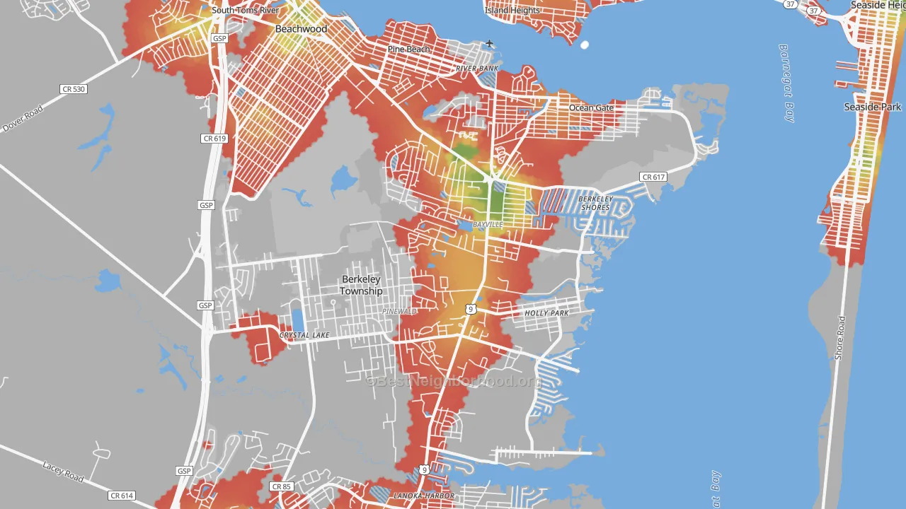Walk Grade map of Bayville, NJ, walkable areas in green and car-dependent areas in red