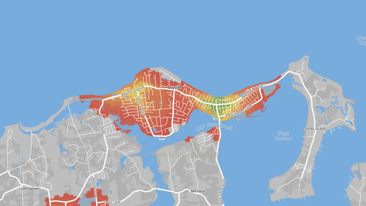 Walk Grade map of Bayville, NY, walkable areas in green and car-dependent areas in red