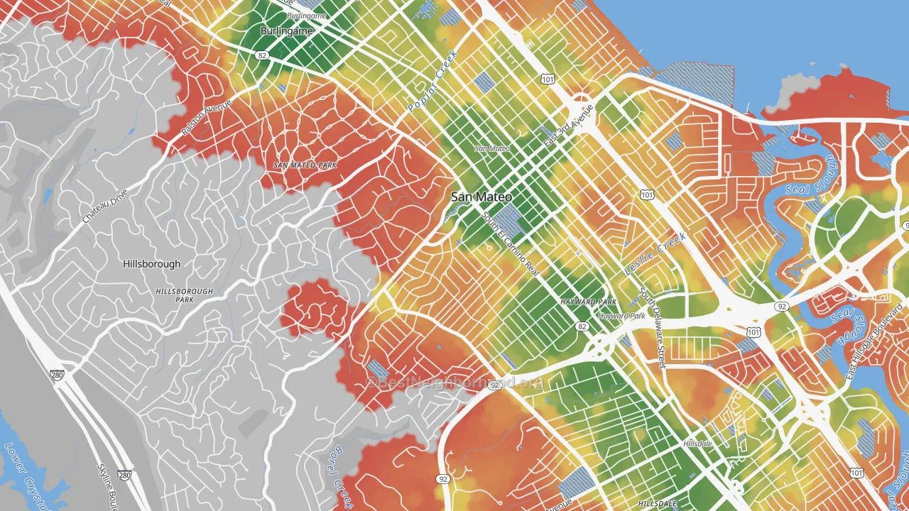 Walk Grade map of Baywood-Aragon, San Mateo, CA, walkable areas in green and car-dependent areas in red