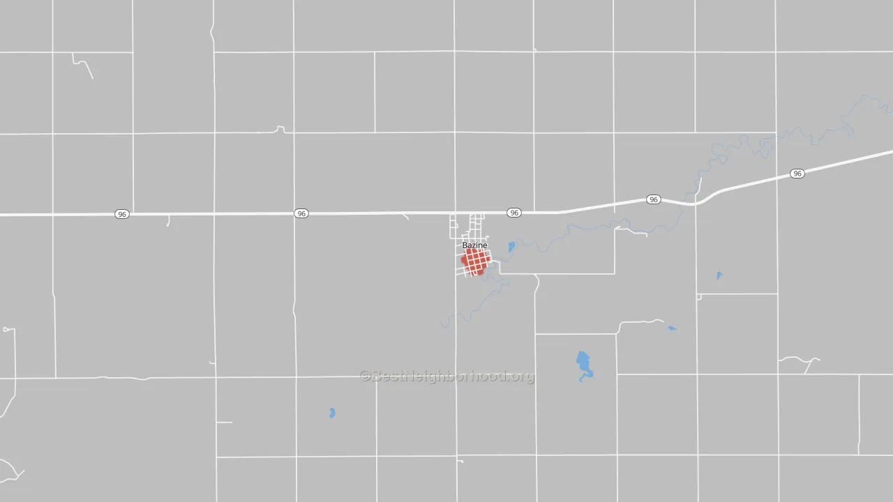 Walk Grade map of Bazine, KS, walkable areas in green and car-dependent areas in red