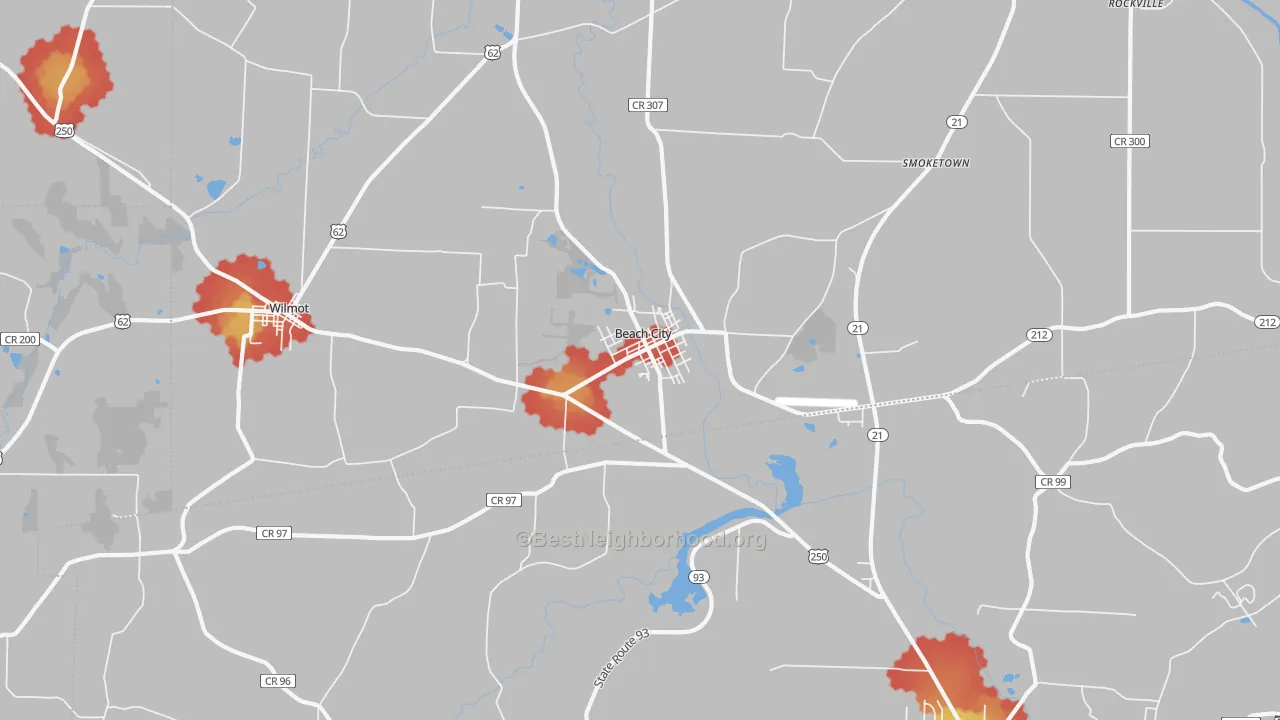 Walk Grade map of Beach City, OH, walkable areas in green and car-dependent areas in red