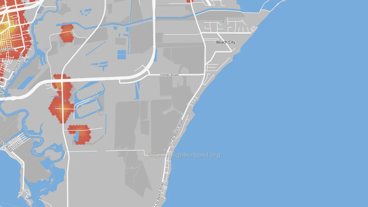 Walk Grade map of Beach City, TX, walkable areas in green and car-dependent areas in red