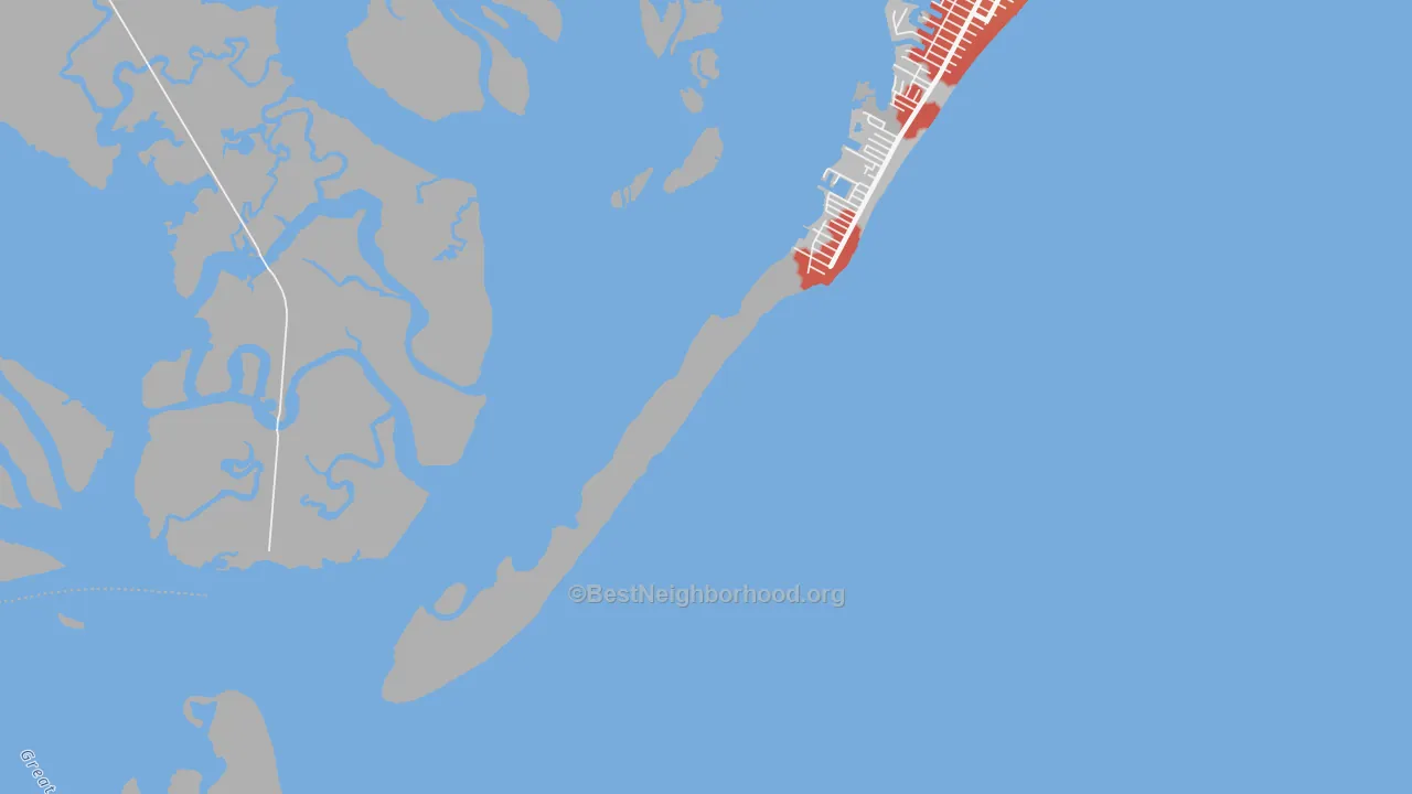 Walk Grade map of Beach Haven Heights, NJ, walkable areas in green and car-dependent areas in red