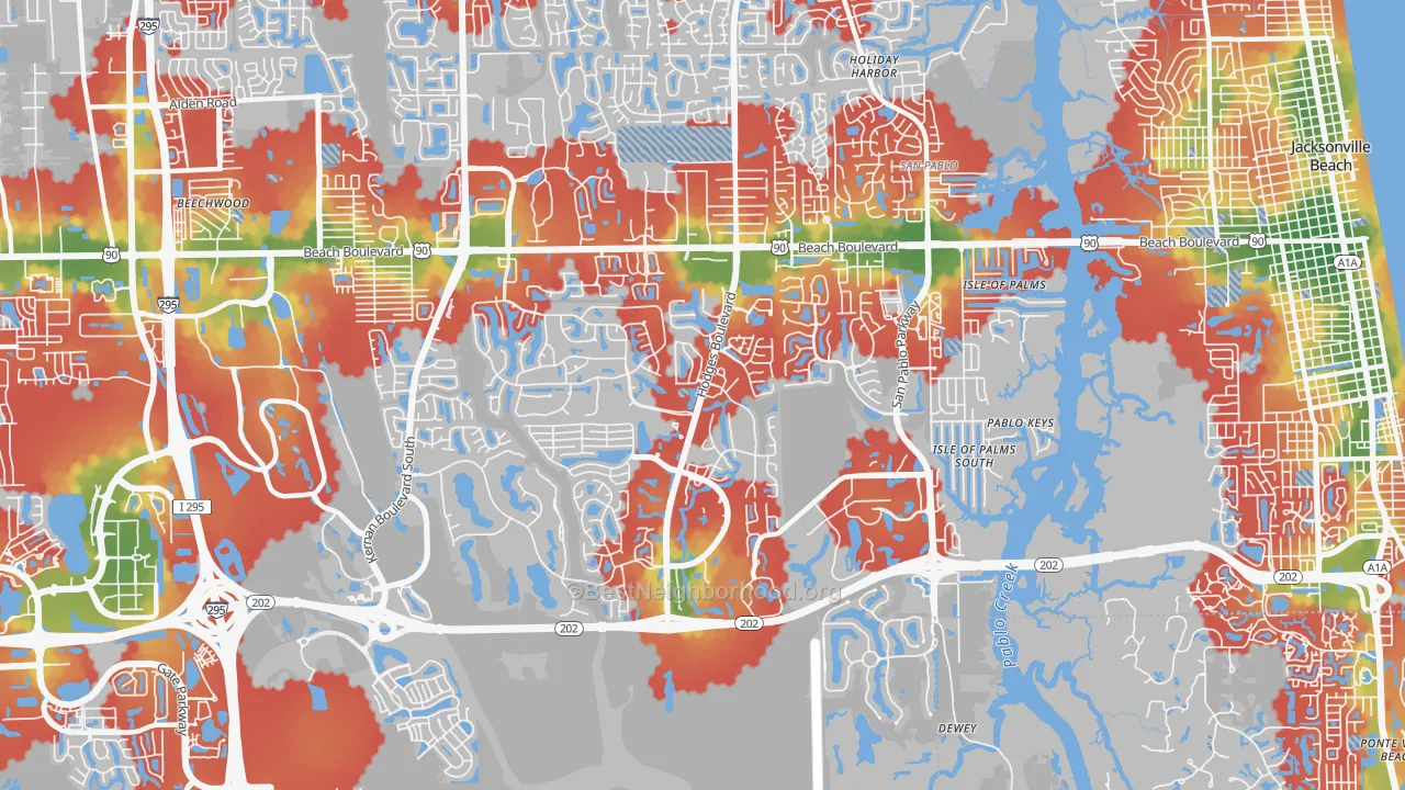 Walk Grade map of Beach Haven, Jacksonville, FL, walkable areas in green and car-dependent areas in red