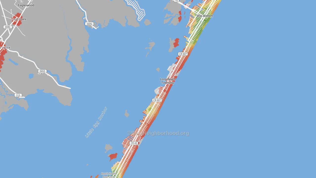 Walk Grade map of Beach Haven, NJ, walkable areas in green and car-dependent areas in red