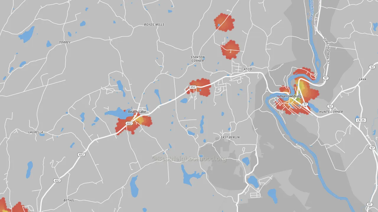 Walk Grade map of Beach Lake, PA, walkable areas in green and car-dependent areas in red