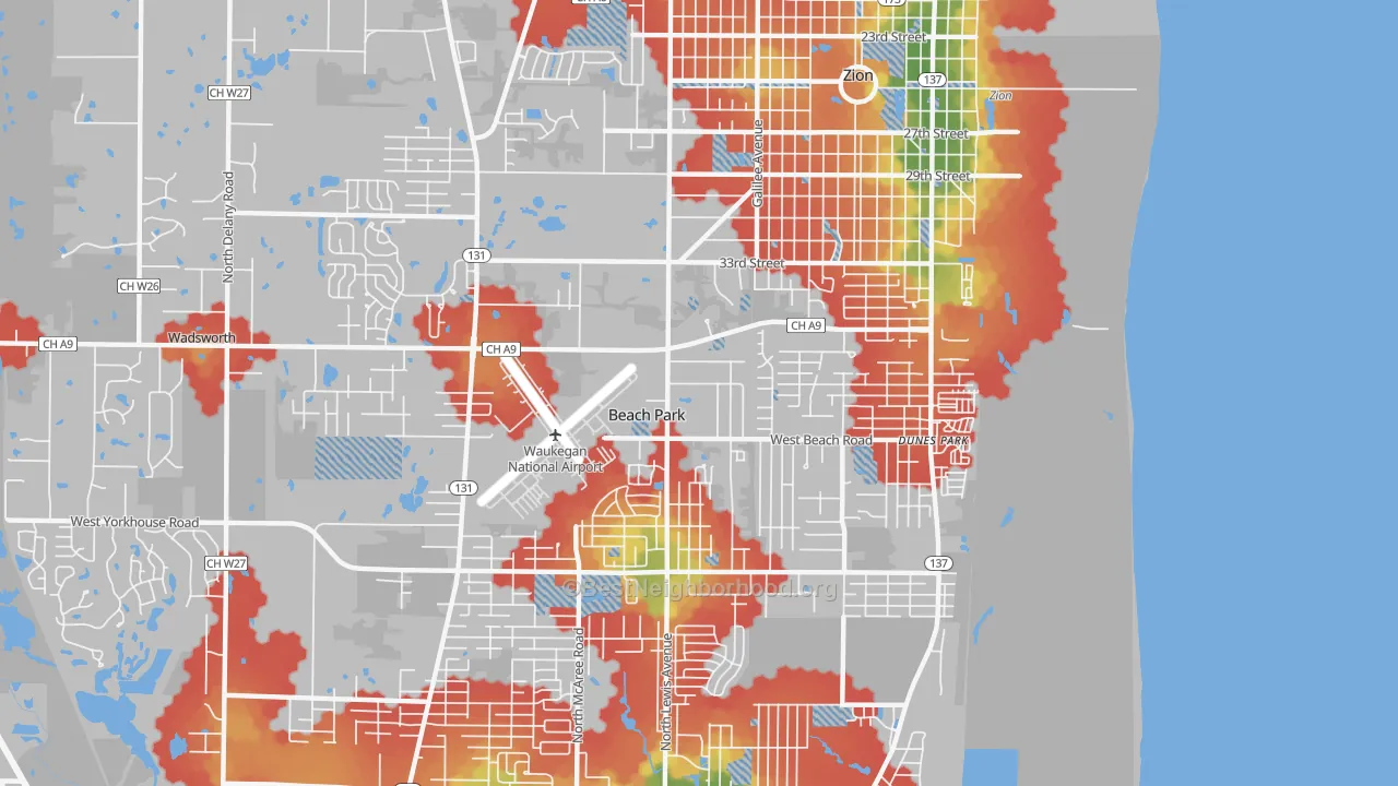 Walk Grade map of Beach Park, IL, walkable areas in green and car-dependent areas in red