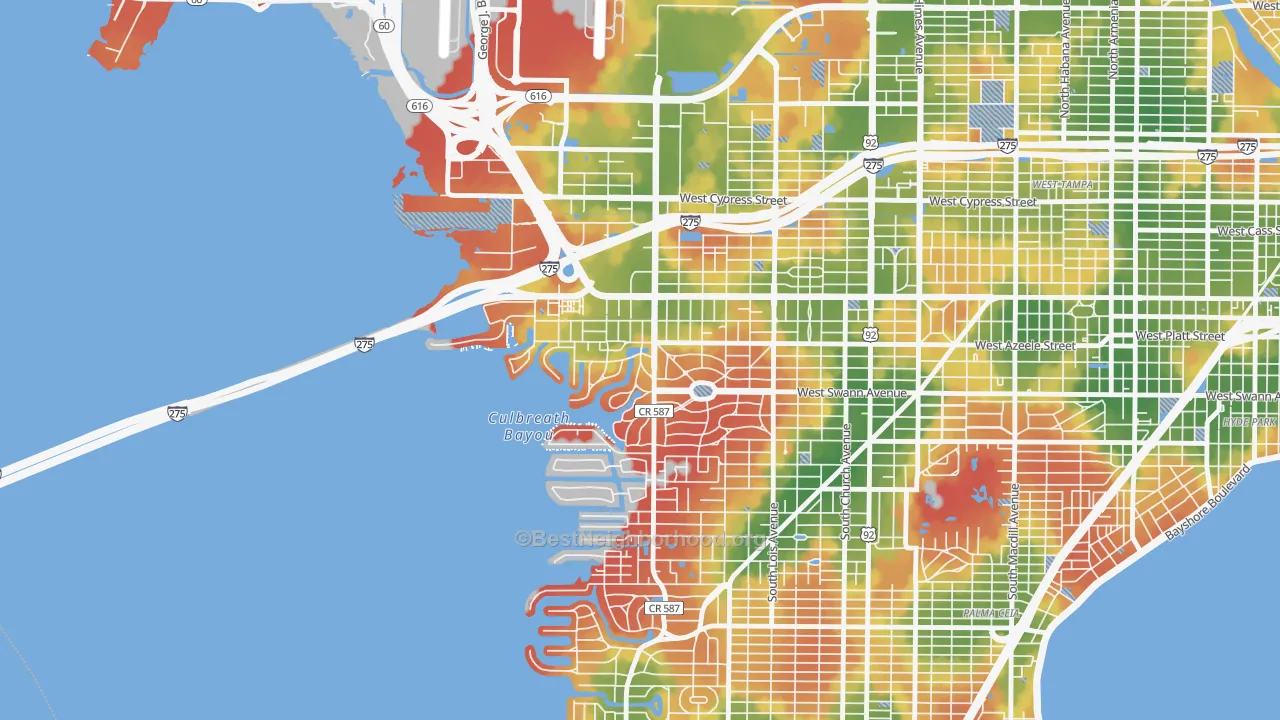 Walk Grade map of Beach Park, Tampa, FL, walkable areas in green and car-dependent areas in red