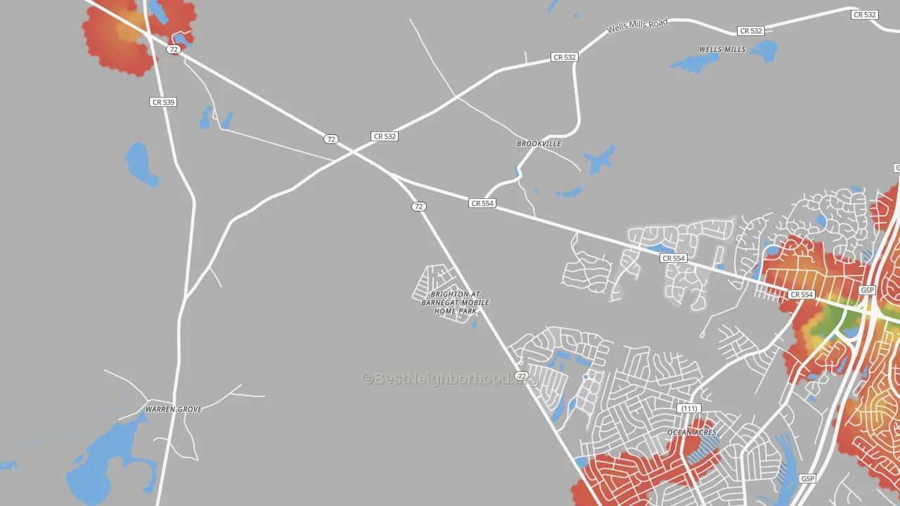Walk Grade map of Beach View, NJ, walkable areas in green and car-dependent areas in red