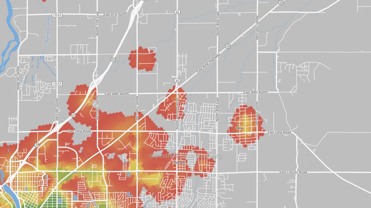 Walk Grade map of Beachs Corner, ID, walkable areas in green and car-dependent areas in red