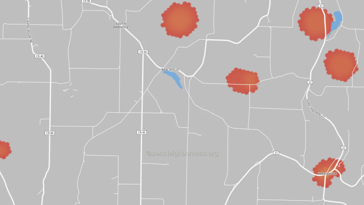Walk Grade map of Beachville, NY, walkable areas in green and car-dependent areas in red
