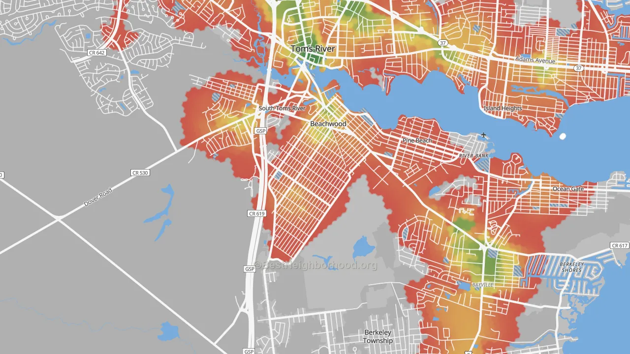 Walk Grade map of Beachwood, NJ, walkable areas in green and car-dependent areas in red