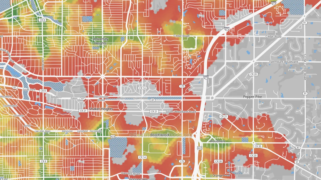 Walk Grade map of Beachwood, OH, walkable areas in green and car-dependent areas in red