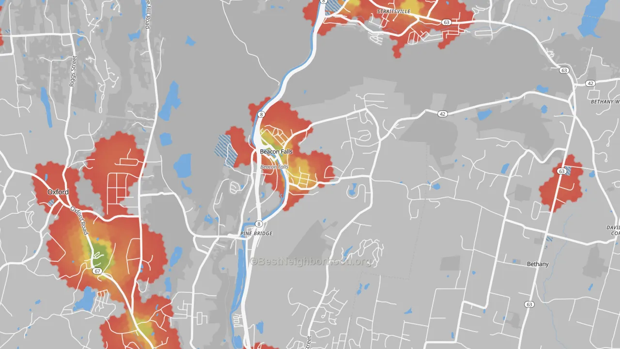 Walk Grade map of Beacon Falls, CT, walkable areas in green and car-dependent areas in red