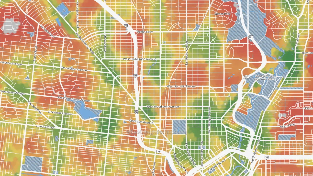 Walk Grade map of Beacon Hill, San Antonio, TX, walkable areas in green and car-dependent areas in red