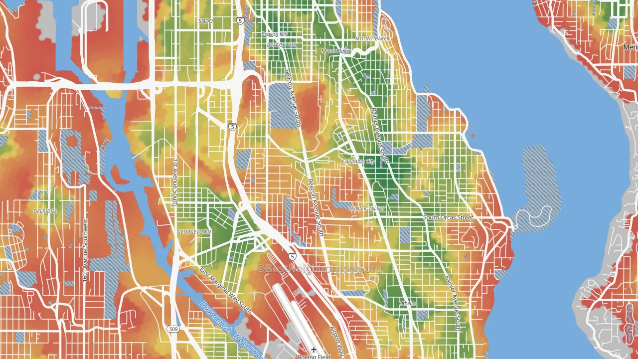Walk Grade map of Beacon Hill, Seattle, WA, walkable areas in green and car-dependent areas in red