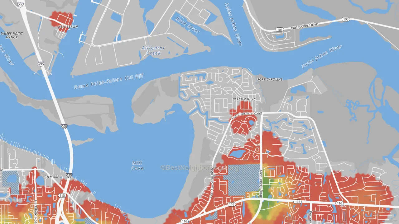 Walk Grade map of Beacon Hills and Harbour, Jacksonville, FL, walkable areas in green and car-dependent areas in red