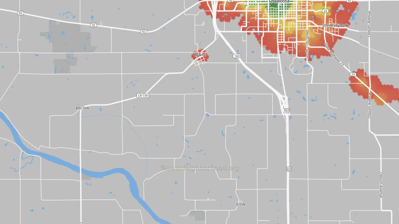 Walk Grade map of Beacon, IA, walkable areas in green and car-dependent areas in red