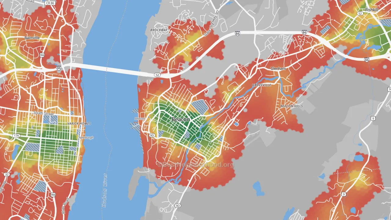 Walk Grade map of Beacon, NY, walkable areas in green and car-dependent areas in red