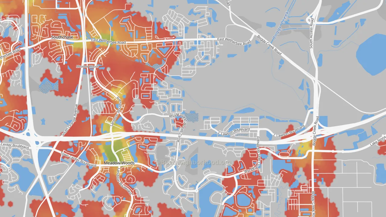 Walk Grade map of Beacon Park, Meadow Woods, FL, walkable areas in green and car-dependent areas in red