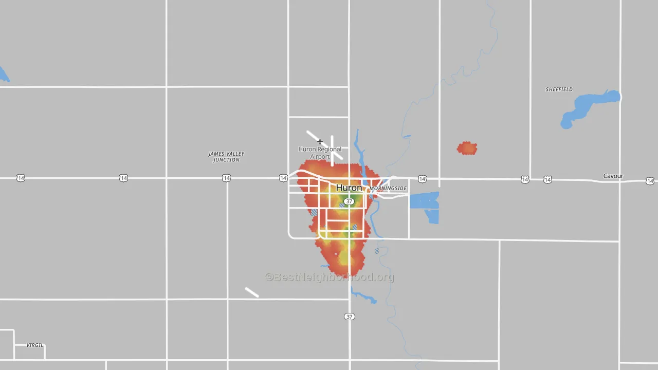 Walk Grade map of Beadle County, SD, walkable areas in green and car-dependent areas in red
