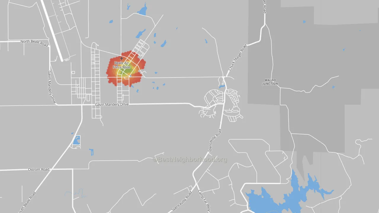 Walk Grade map of Beale Afb, CA, walkable areas in green and car-dependent areas in red