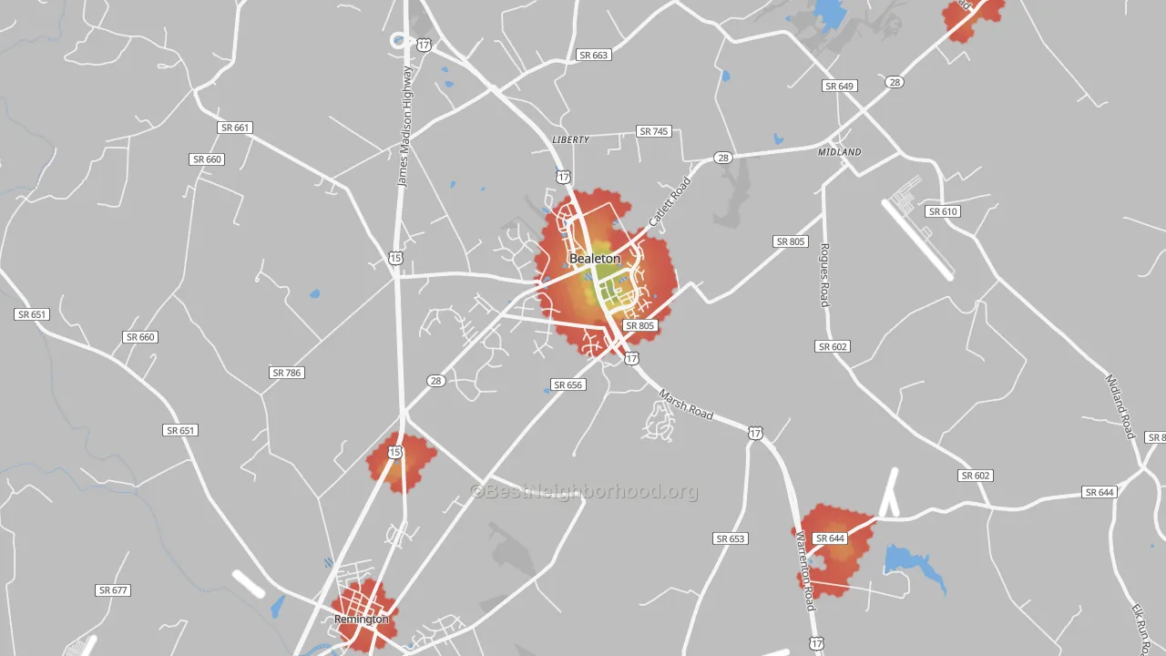 Walk Grade map of Bealeton, VA, walkable areas in green and car-dependent areas in red