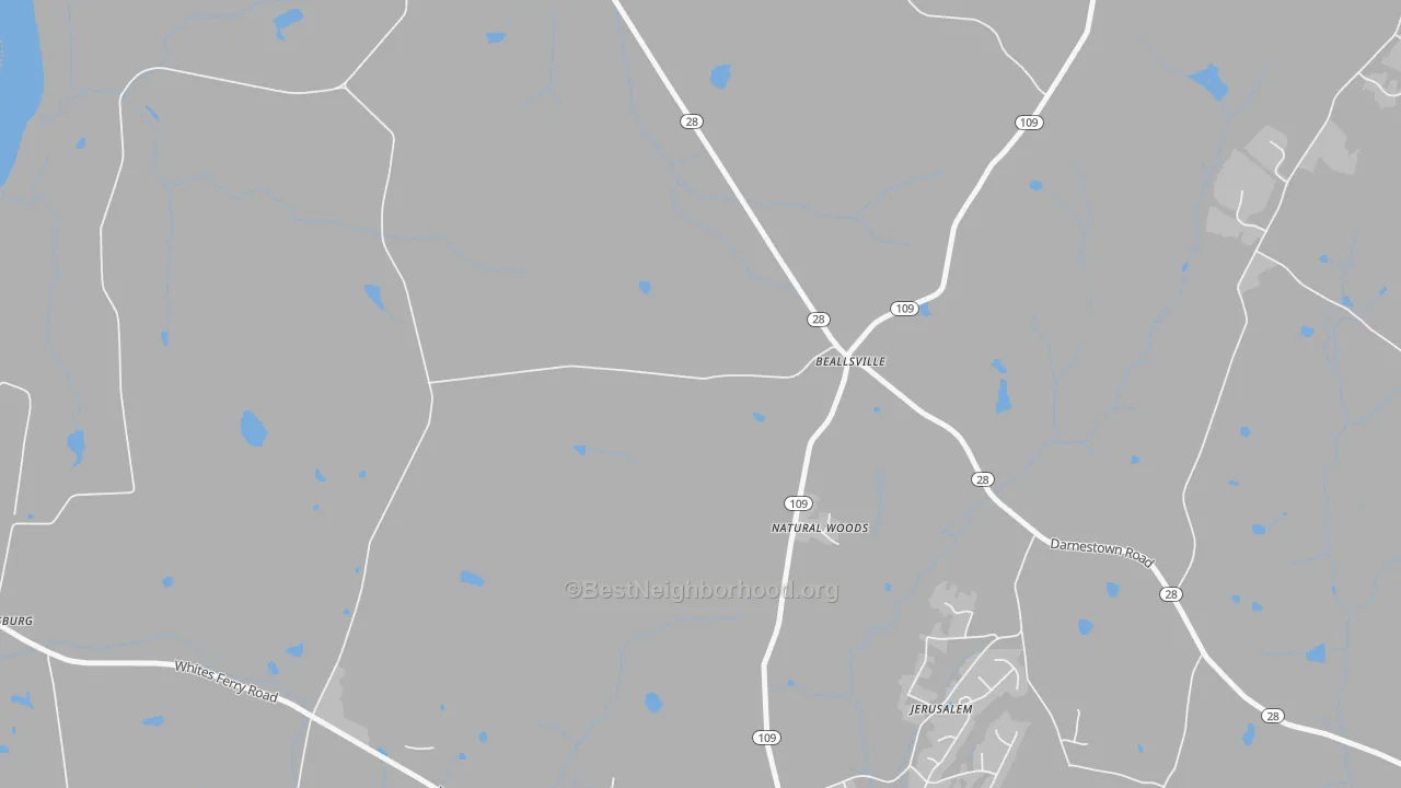 Walk Grade map of Beallsville, MD, walkable areas in green and car-dependent areas in red