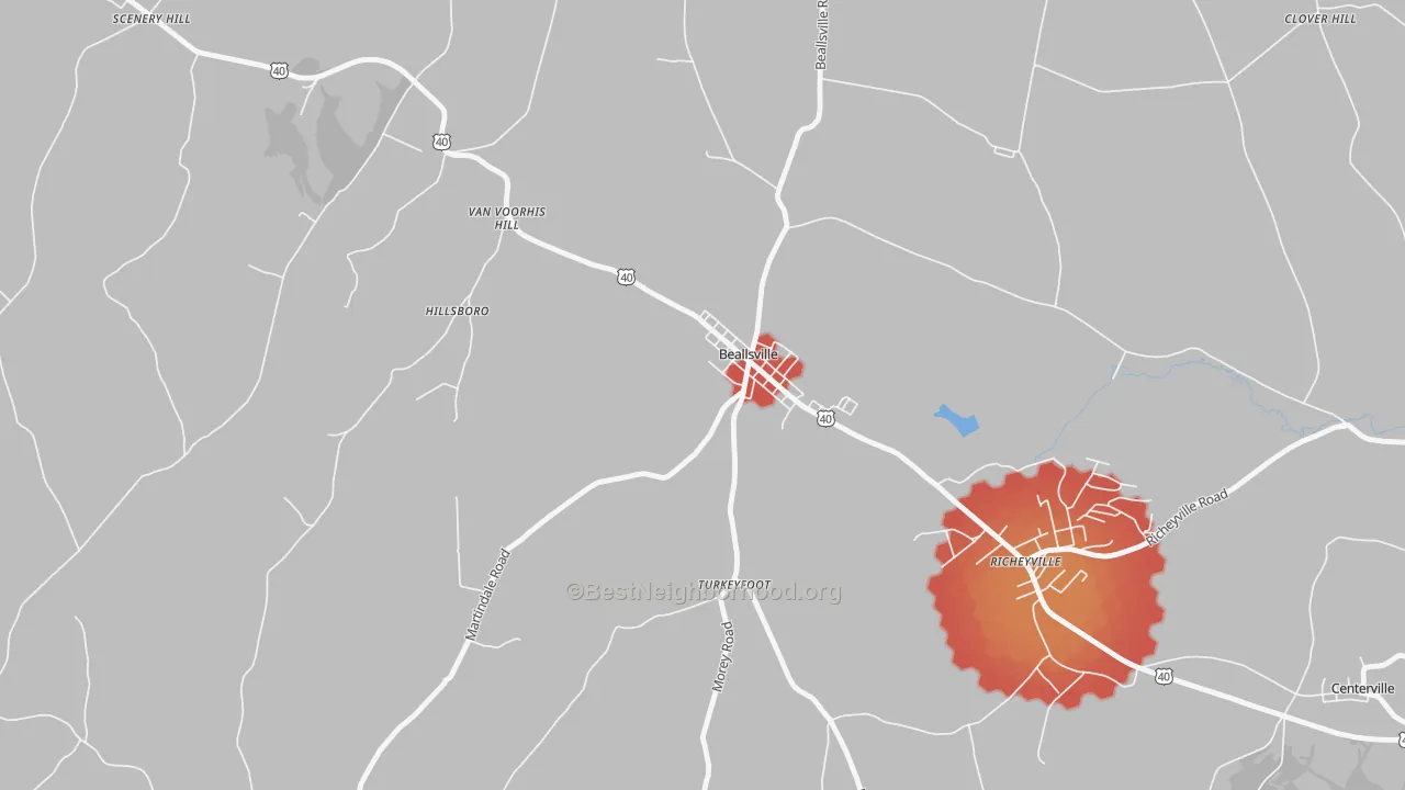 Walk Grade map of Beallsville, PA, walkable areas in green and car-dependent areas in red