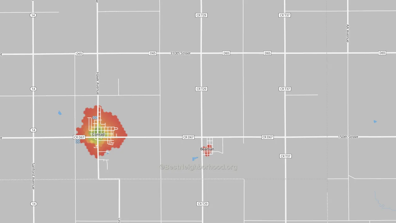 Walk Grade map of Beaman, IA, walkable areas in green and car-dependent areas in red