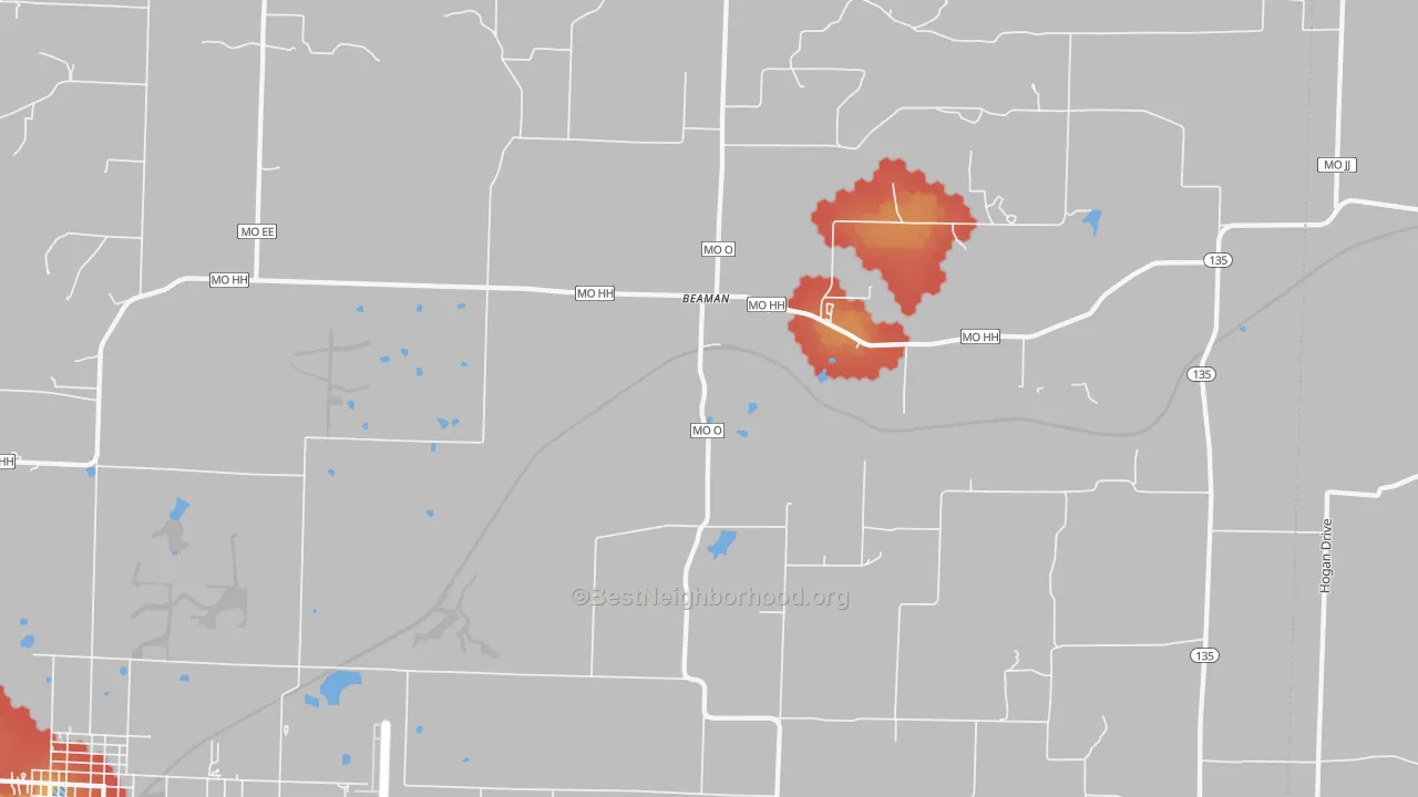 Walk Grade map of Beaman, MO, walkable areas in green and car-dependent areas in red
