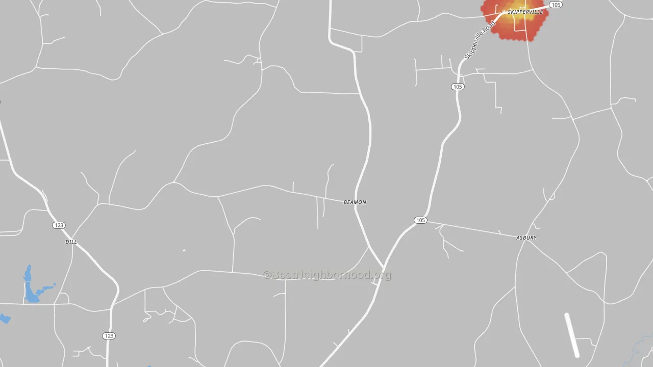 Walk Grade map of Beamon, AL, walkable areas in green and car-dependent areas in red