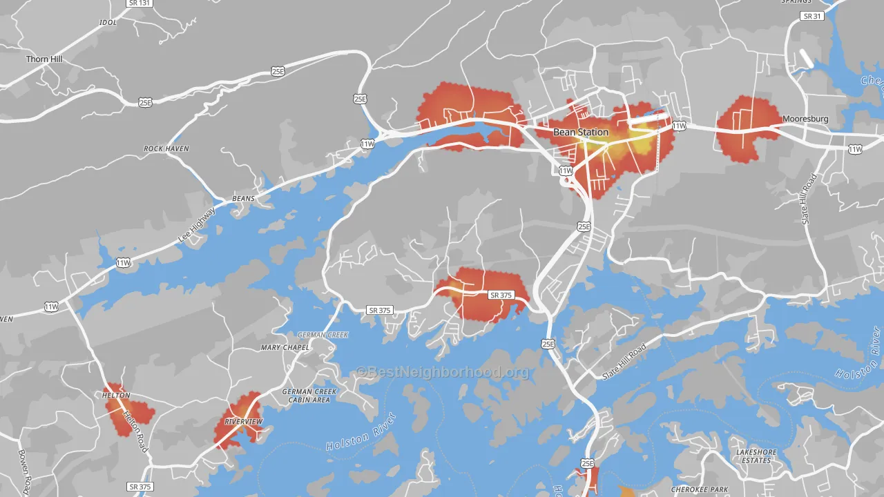 Walk Grade map of Bean Station, TN, walkable areas in green and car-dependent areas in red