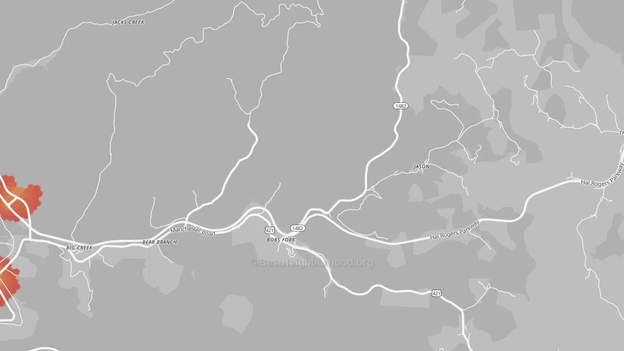 Walk Grade map of Bear Branch, KY, walkable areas in green and car-dependent areas in red